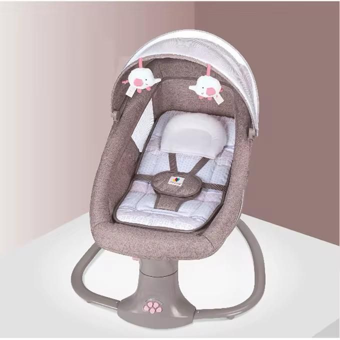 Balansoar copii 3 in 1, Electric, cu Plasa Tantari, Perna Detasabila, Jucarii, USB, Bluetooth, Telecomanda, 0-3 ani, Gri