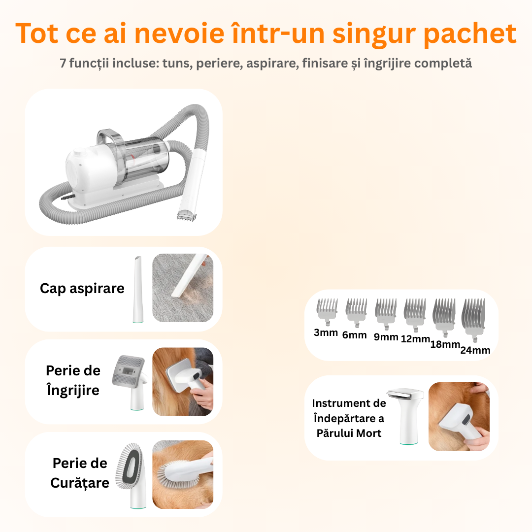 RESIGILAT - Masina de tuns animale 5 in 1 cu Aspirator integrat – Caini si Pisici, 6 dimensiuni de tuns, zgomot redus, Alb