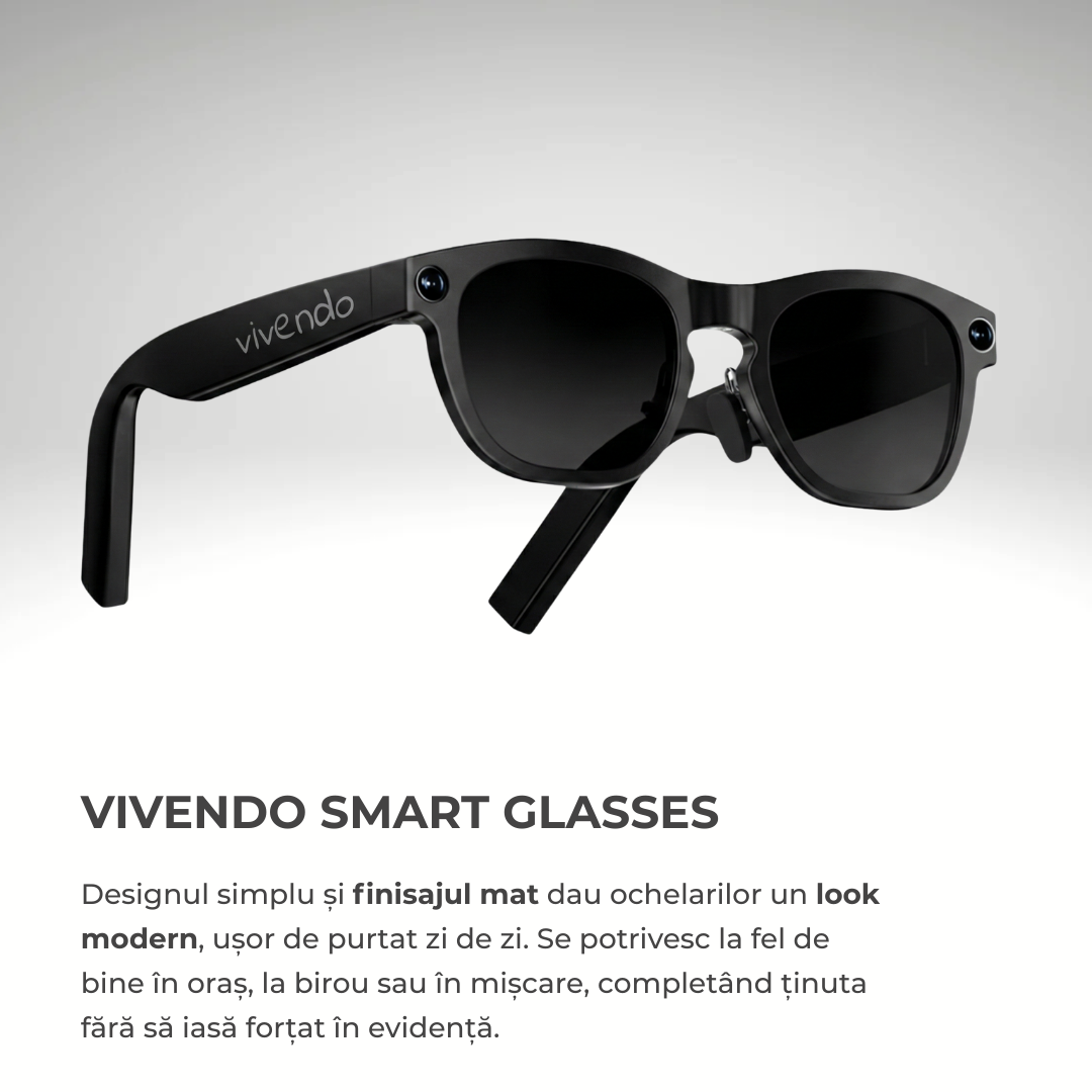 Ochelari Smart VIVENDO SMART GLASSES, Camera 1080P Full HD, AI Integrat, Apeluri Bluetooth, Control Tactil, Streaming Muzica, Wi-Fi 2.4G, Microfoane Duale, Negru