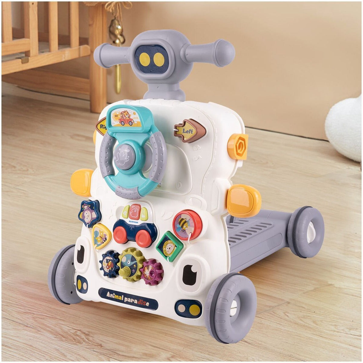 Antemergator 6 in 1  pentru Copii, cu Activitati Montessori de joaca si roti anti-alunecare,