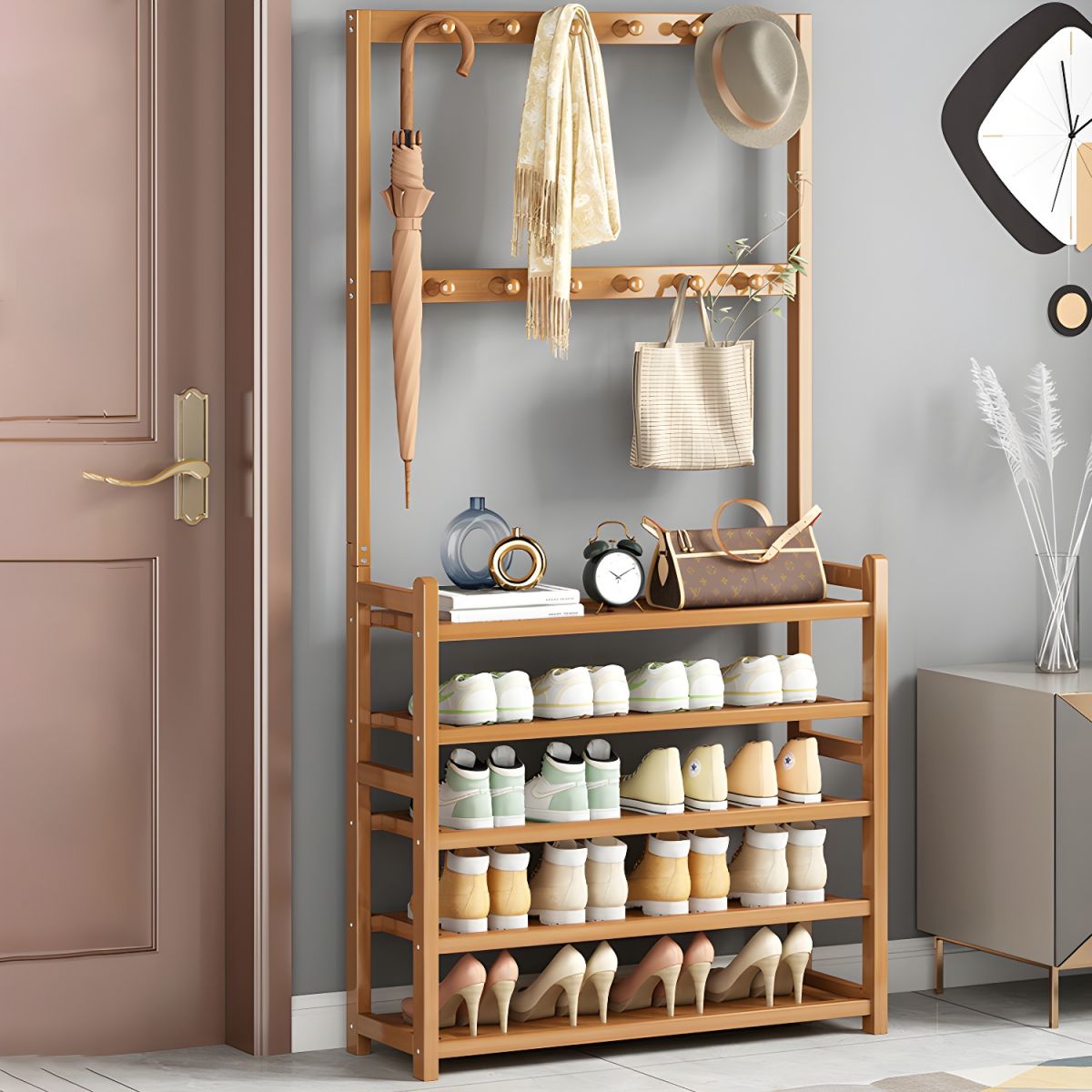 Cuier Haine Bambus cu suport pantofi 5 rafturi, Carlige Multiple, Organizare Hol, Dormitor