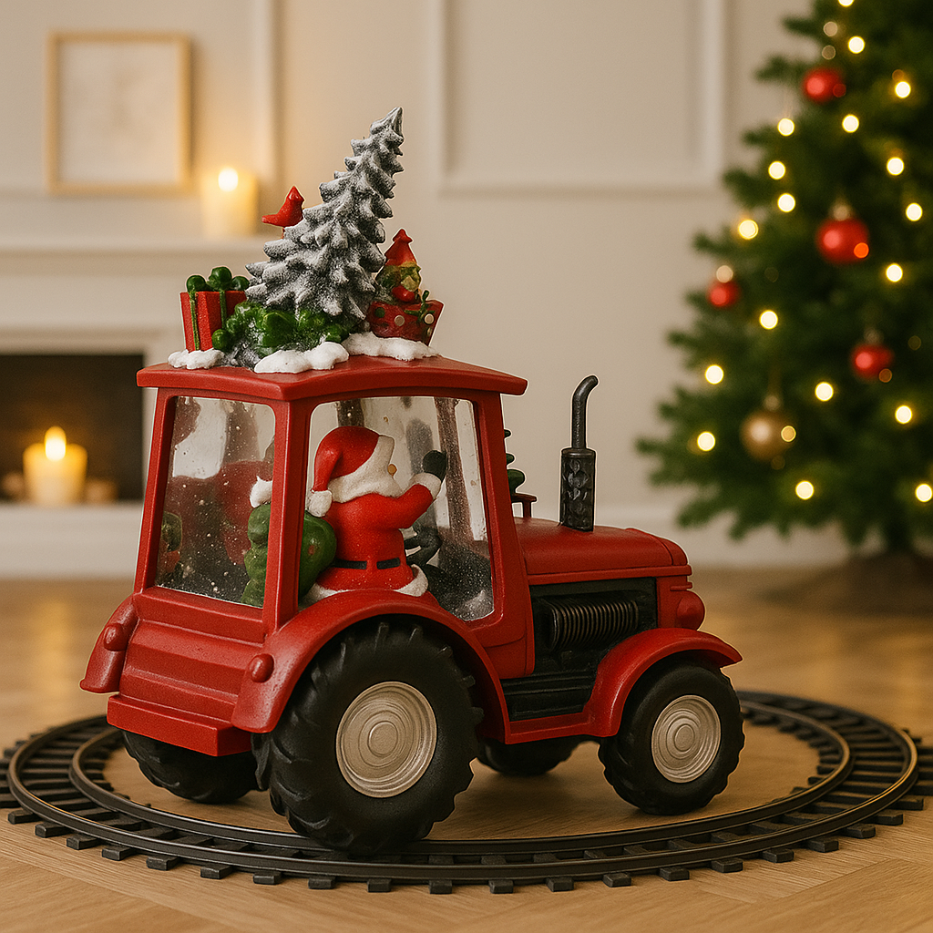Decoratiune Craciun tip Tractor cu Mos Craciun, brad si cadouri, functie muzicala, zapada in miscare, 25 × 13 × 21 cm