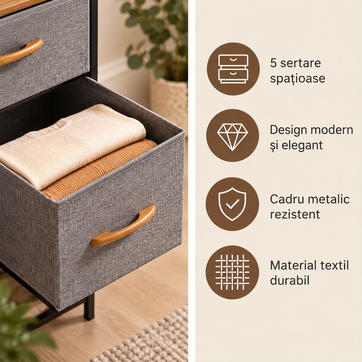 Noptiera cu 5 Sertare Material Textil Blat Lemn Cadru Metalic 102.5x30x43cm Gri - detaliu produs
