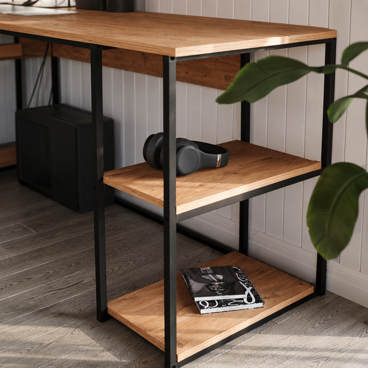 Birou de colt in forma L 140x147,8x73,8 cm, cu rafturi integrate si cadru metalic, pentru home office sau birou