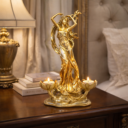 Suport decorativ lumanari, statueta femeie in miscare, rasina, finisaj auriu, design artistic lux, 30x20 cm