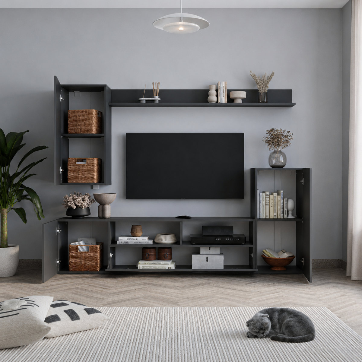 Comoda TV 210x38x90,4 cm, cu dulap suspendat, pentru living