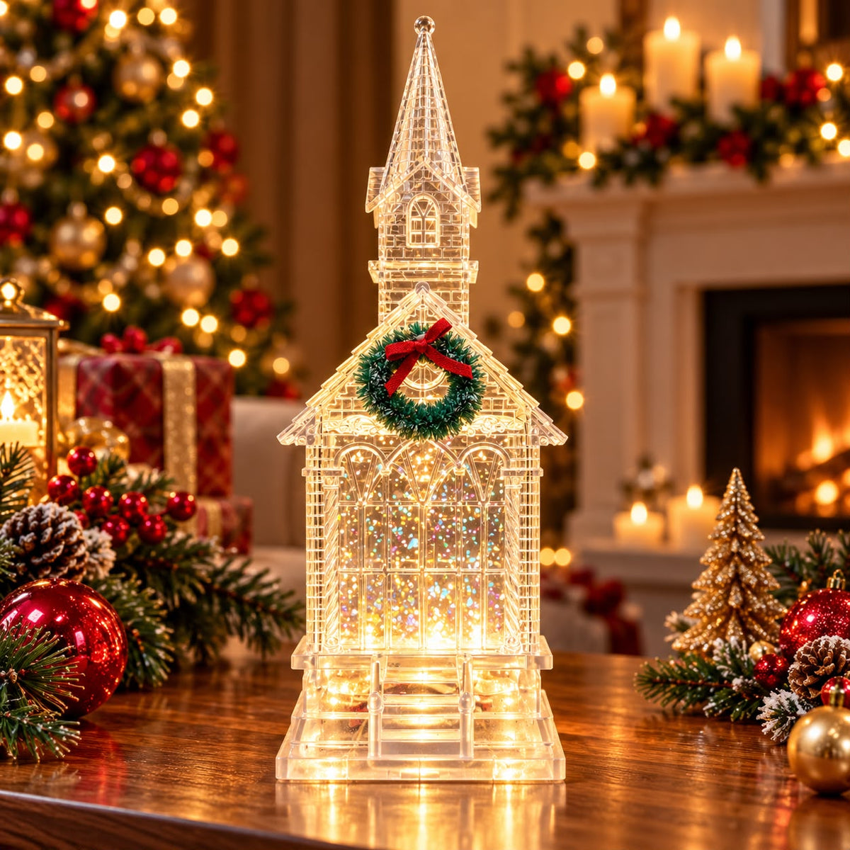 Decorațiune Biserică Transparentă cu LED și Sclipici Mișcător – 30 cm - imagine principala