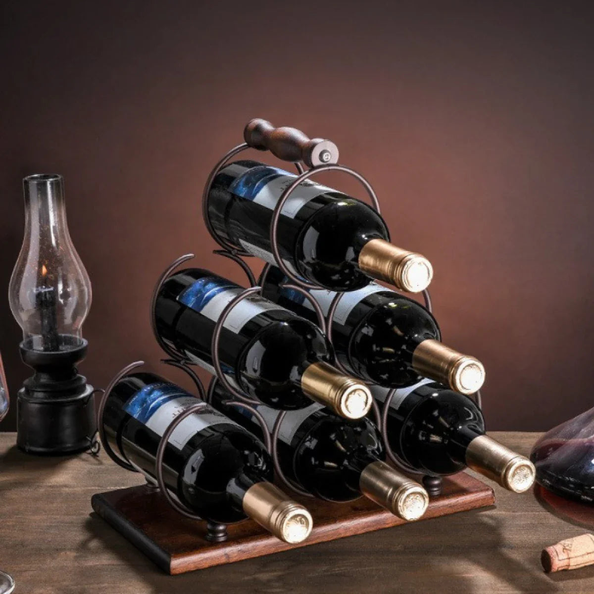 Suport pentru 6 sticle de vin, design modern, lemn natural si otel, 32.5 x 16 x 30 cm