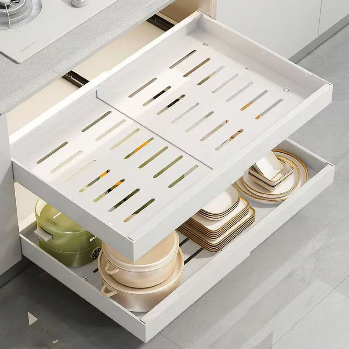 Sertar extensibil din metal cu 2 glisiere autoadezive soft-close, extragere totala, 32-50 cm x 42 cm, alb