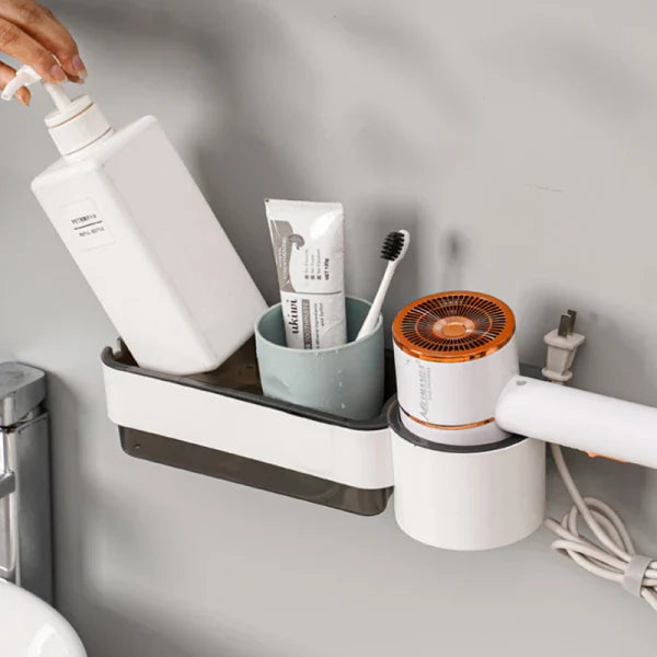 Suport autoadeziv pentru uscatorul de par, pahar pentru articole baie, ABS,  30.5 x 9.6 x 7 , alb