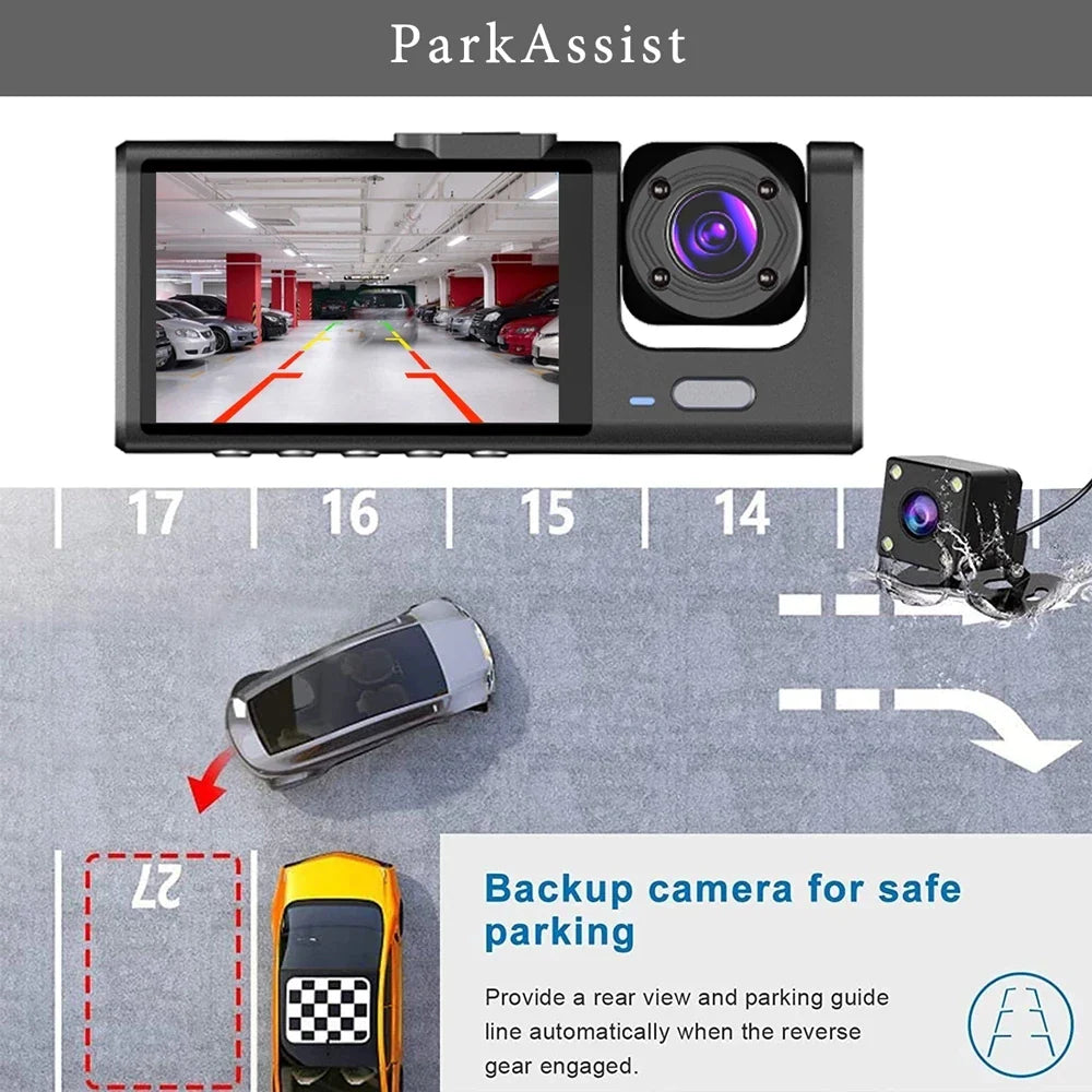 Camera auto tripla FullHD, 3 camere-fata/spate/interior, ecran 2'', G Senzor