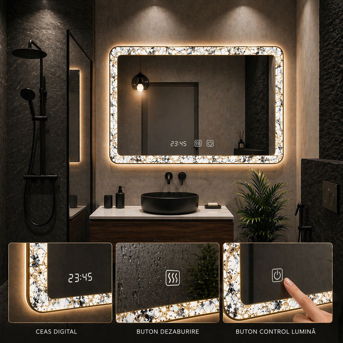 Oglinda LED 90x70 cu Model Decorativ pe Margini Iluminare Ambientala Touch Dezaburire si Ceas Digital