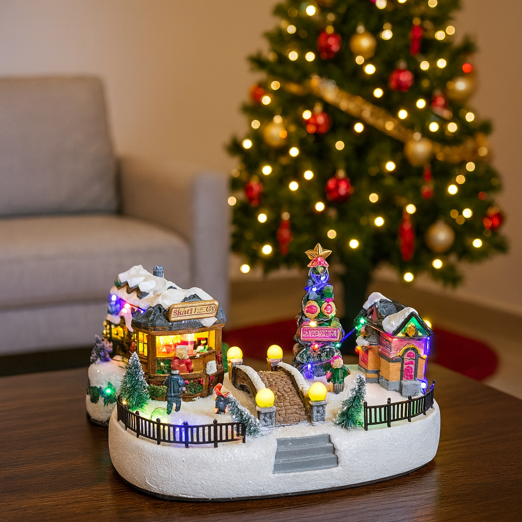 Decoratiune Muzicala de Craciun cu Luminare LED –Model Sat de Iarna cu Pod, Casute si Stand Mos Craciun