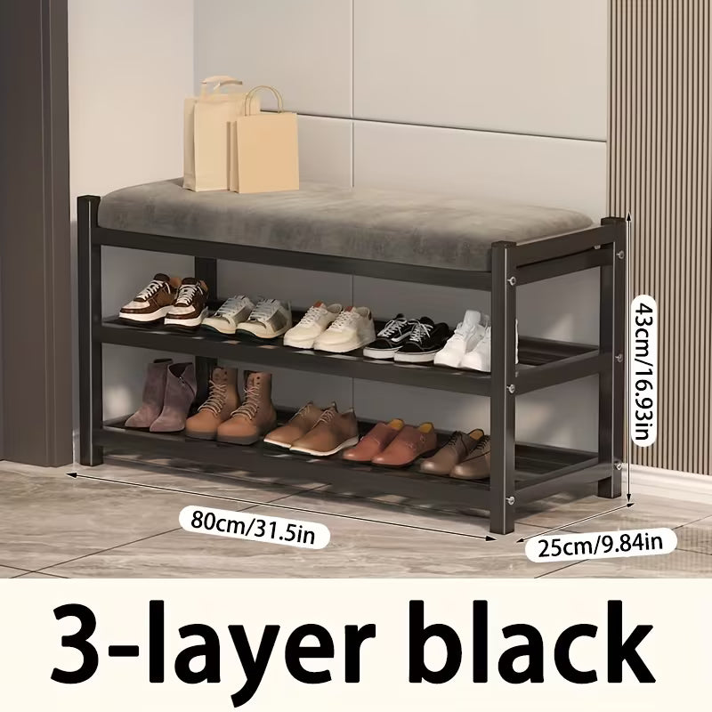 Bancuta suport pantofi metalica cu 3 rafturi si sezut tapitat – 80 cm