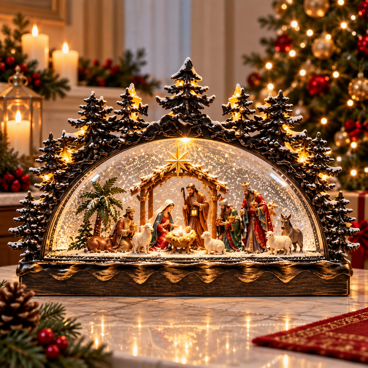 Decoratiune Craciun Snow Water Lantern cu Muzica Santa Sleigh Renii 32.5cm LED USB