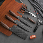 Set 6 piese, cutite si ustensile de bucatarie, 4 cutite cu lame negre texturate, foarfeca, curatator