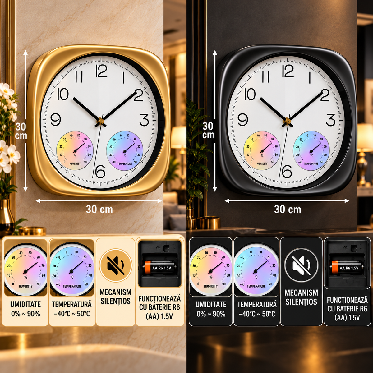 Ceas de Perete Premium cu Termometru și Higrometru, Mecanism Silențios – 30 × 30 cm - detaliu produs