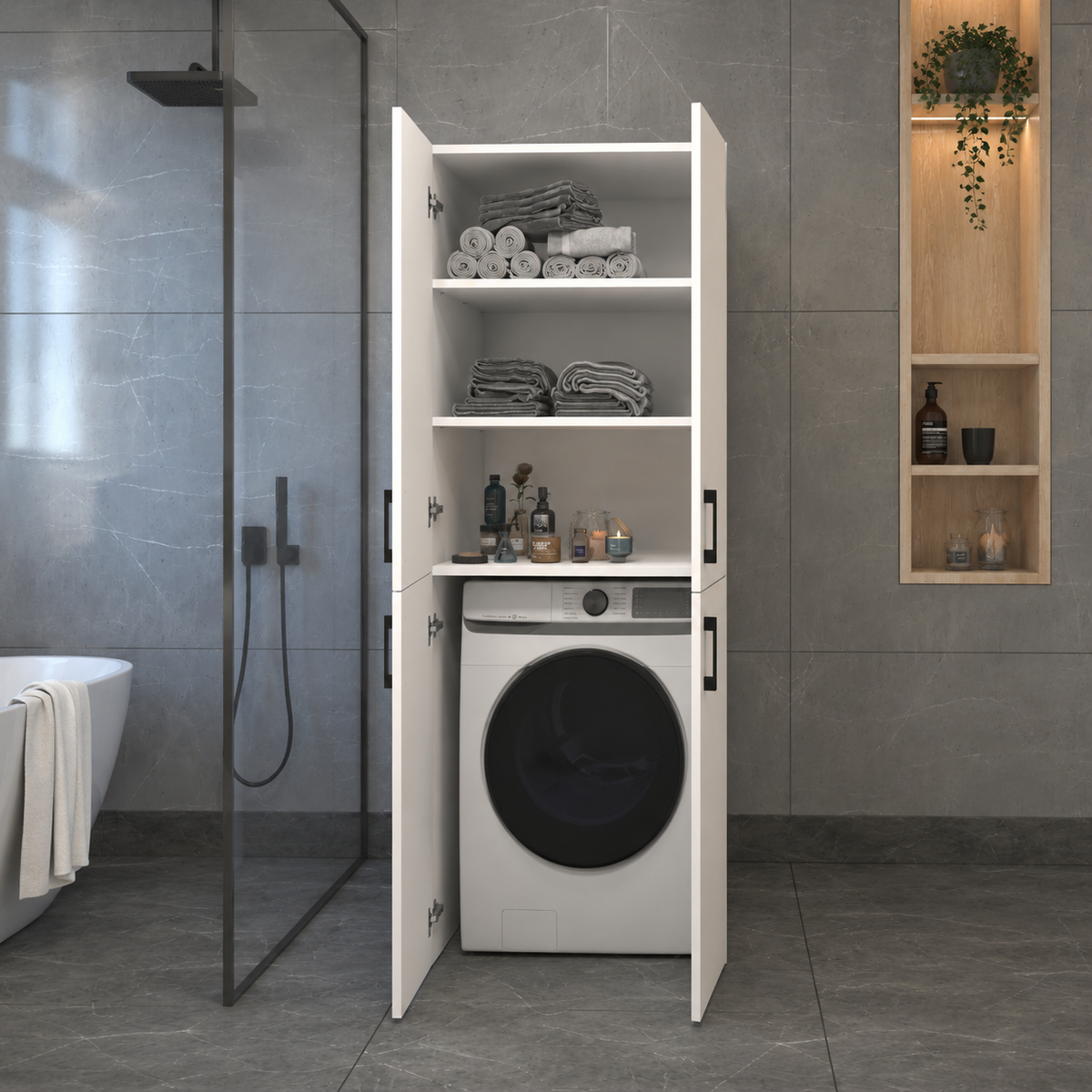 Dulap pentru masina de spalat din PAL 70x70x180 cm, cu 2 usi si rafturi, pentru baie