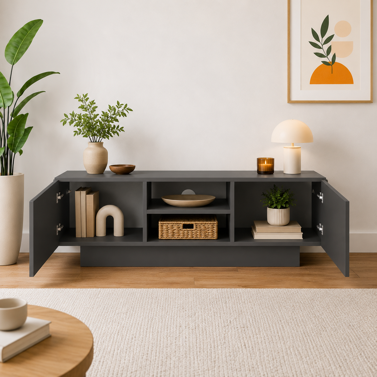 Comodă TV DORA cu uși și raft central, PAL 18 mm, 140 x 31 x 42 cm - detaliu produs