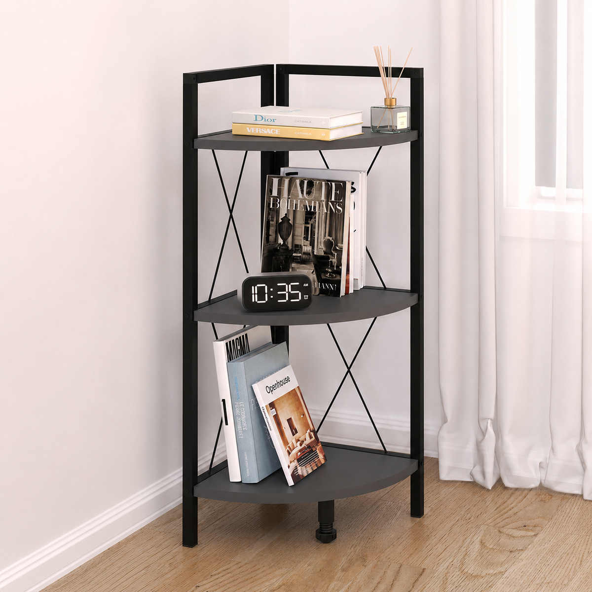 Etajera de colt din PAL si metal 33,5x33,5x87,3 cm, cu 3 rafturi, pentru living, baie sau birou