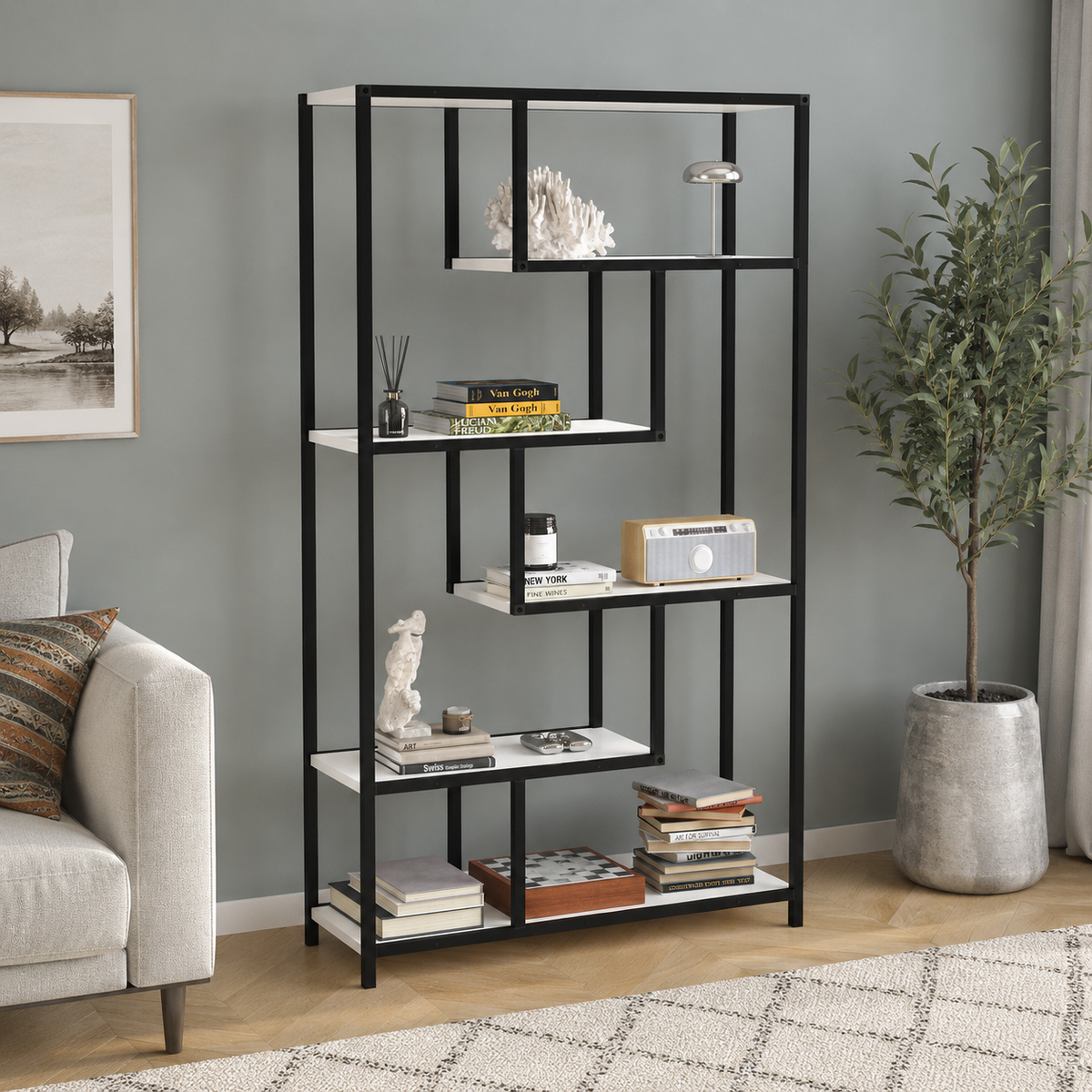 Biblioteca Moderna cu 6 Rafturi pentru Living si Birou, Cadru Metalic, PAL 18 mm, 88 x 30 x 160 cm