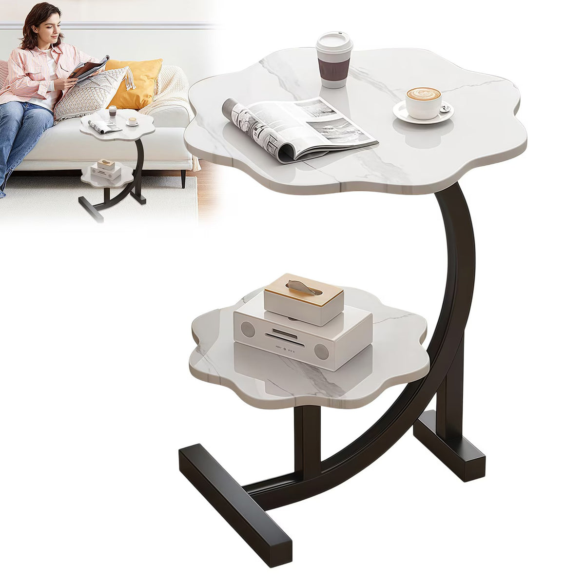 Masuta laterala multifunctionala cu 2 nivele cu cadru metalic negru 40x30x62 cm - detaliu produs