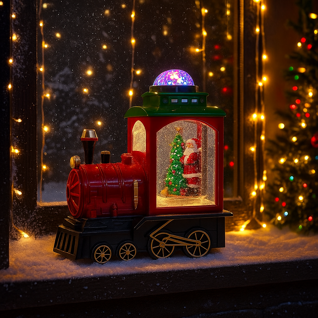 Tren locomotiva decorativa de Craciun cu Mos Craciun, bradut, efect ninsoare, lumini LED si functie muzicala