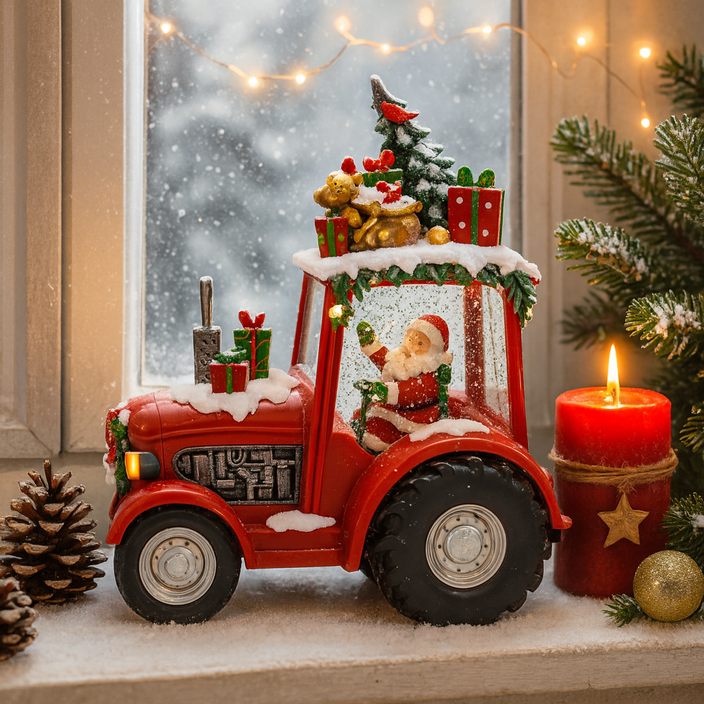 Decoratiune Craciun tip Tractor cu Mos Craciun, brad si cadouri, functie muzicala, zapada in miscare, 25 × 13 × 21 cm