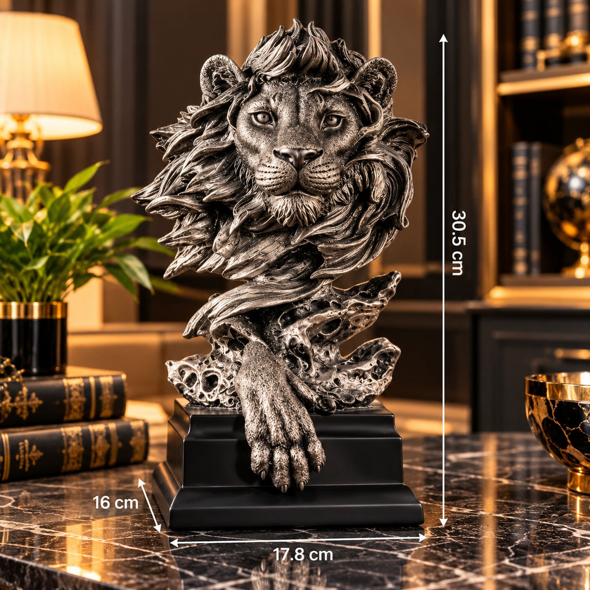 Statueta Decorativa Premium Leu din Rasina pe Soclu Finisaj Metalic Antichizat 30.5cm - detaliu produs