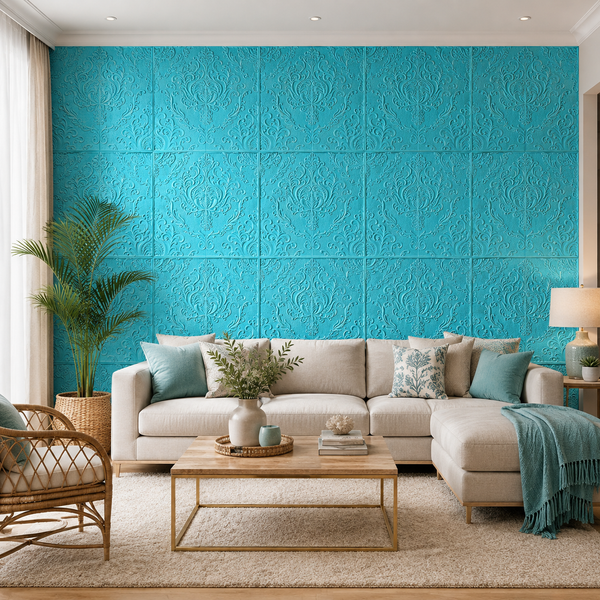 Tapet decorativ 3D turcoaz cu model floral – 70 × 70 cm - in context de utilizare