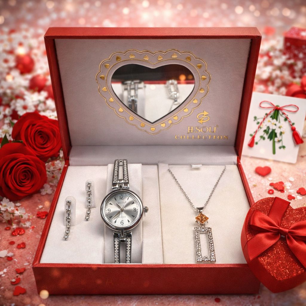 Set cadou ceas dama cu colier si cercei in cutie premium