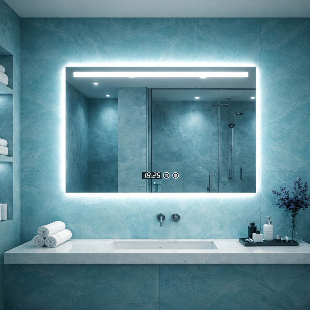 Oglinda LED, cu ceas digital si dezaburire, iluminare reglabila touch, 90x70 cm
