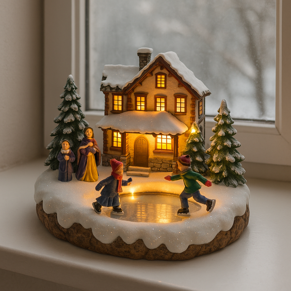 Decoratiune Craciun cu Casuta Luminata si patinatori – platforma rotativa iluminata si melodii de Craciun