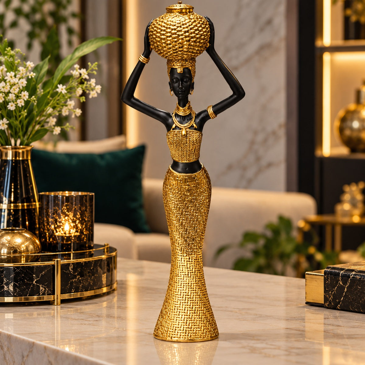 Statueta decorativa femeie africana cu vas, design elegant, rasina, stil etnic modern, decor interior premium, 28x10 cm