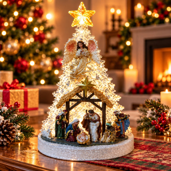 Decorațiune Premium de Crăciun tip Brad din Rășină, cu Scenă Nașterea Domnului, Muzică și Iluminare Multicoloră – 23 × 21 × 32 cm - detaliu produs