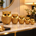 Set 5 Bufnițe Decorative Aurii din Rășină, Dimensiuni Diferite, 13–7,5 cm, Design Elegant, Ornamente pentru Living, Birou și Dormitor