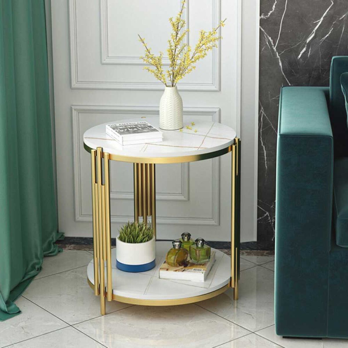 RESIGILAT - Masuta rotunda pe 2 nivele, blat tip piatra, cadru metalic auriu, design elegant, 60x30 cm