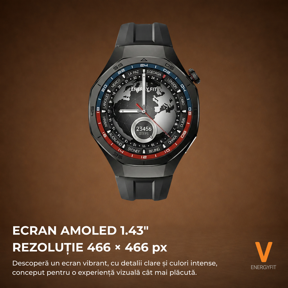 RESIGILAT - Ceas Smartwatch ENERGYFIT, Ecran AMOLED 1.43", Apel Bluetooth, ChatGPT AI, Notificari Romana, Fitness, Sport, Rezistent Apa 5ATM, Incarcare Wireless, 2 Curele, Negru