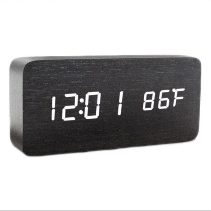 Ceas digital din lemn 862-VST cu afisaj LED temperatura si alarma, Negru