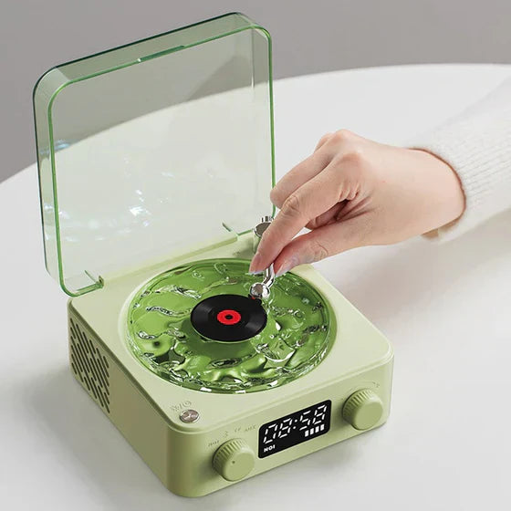 Boxa Portabila Vintage model Vinyl Timebox, cu Lumini, Proiectii de valuri si Timp Reglabil pentru Dormitor si Petreceri, Lampa de veghe tip proiector, AUX, Bluetooth, Card TF, Sunet Surround 360°, Alb