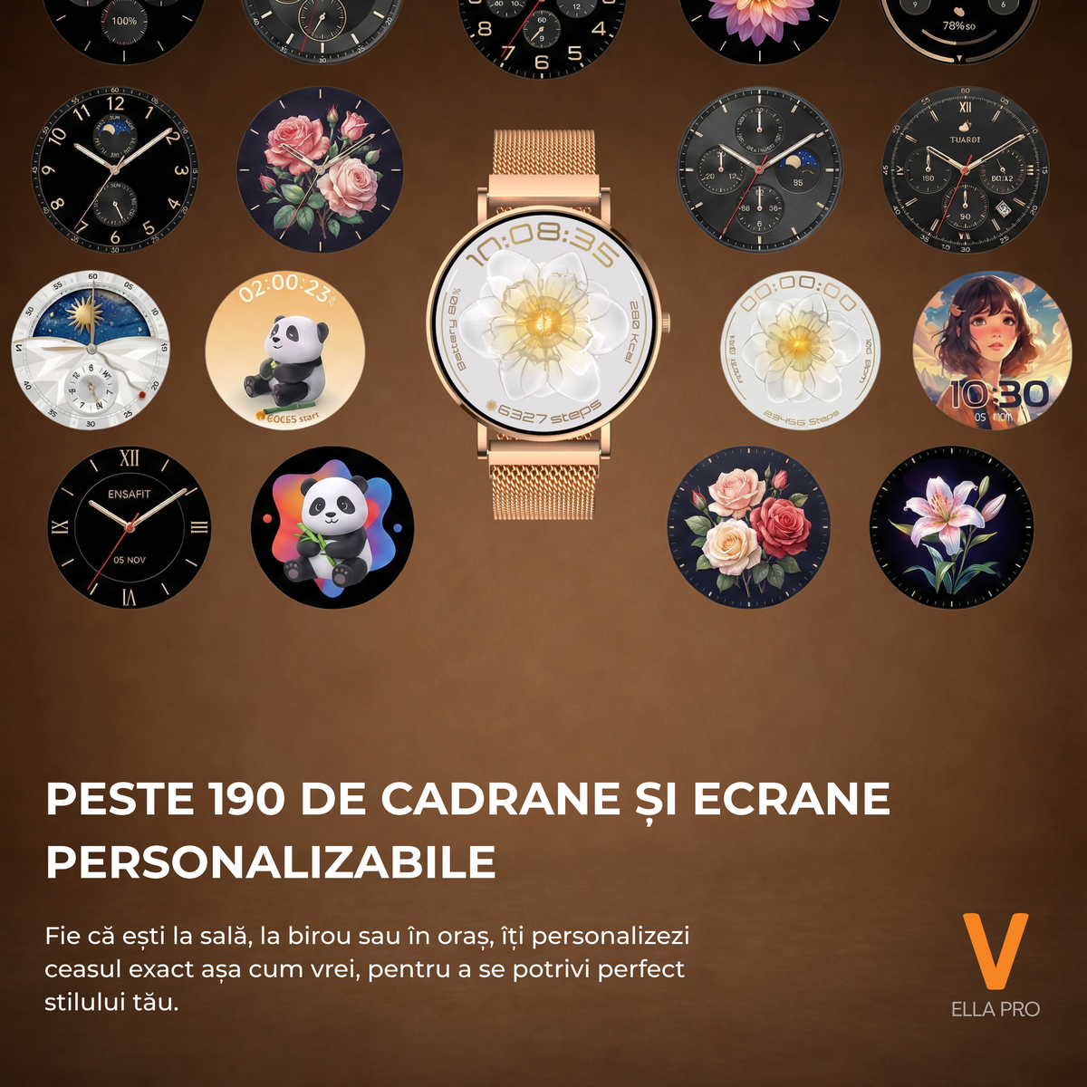 Ceas Smartwatch Dama ELLA PRO Vivendo®, Ecran AMOLED 1.32", Fitness, Apel Bluetooth, Notificari Limba Romana, ChatGPT AI, Incarcare Wireless, Rezistent Apa IP68, 2 Curele Incluse