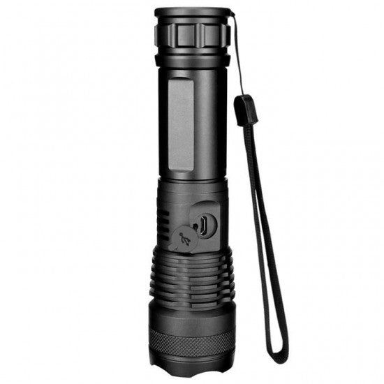 Lanterna LED Ultra-Bright, 20w din aluminiu, sursa XHP50/70/WHITE LASER, profesionala, focus ajustabil, acumulator 8800 mah inclus, rezistenta la apa, incarcare USB, 3000 lumeni