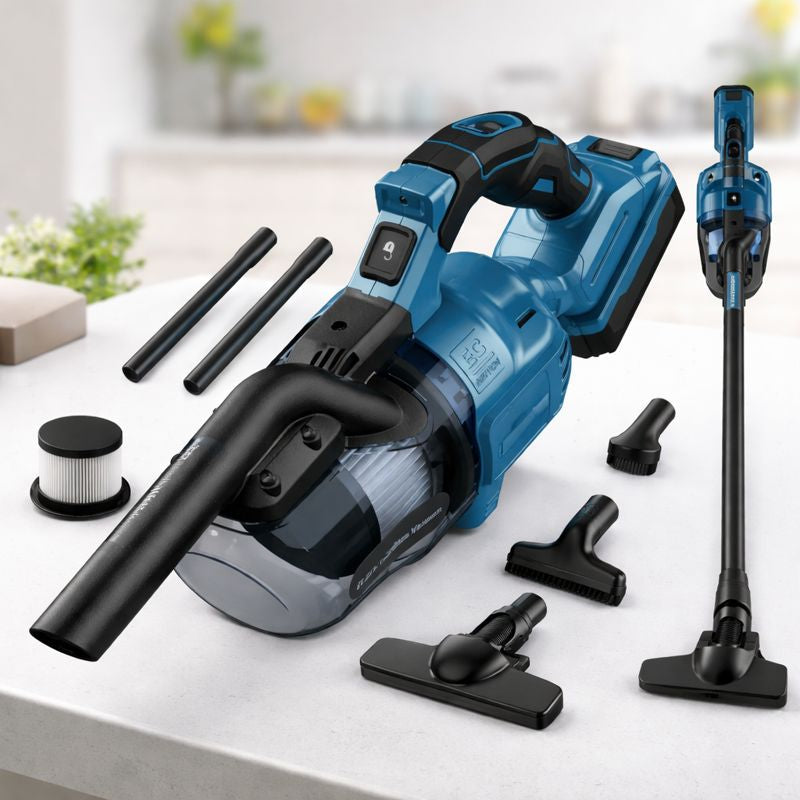 Aspirator fara fir 120W, cu filtrare HEPA, 2 acumulatori de 48W, albastru