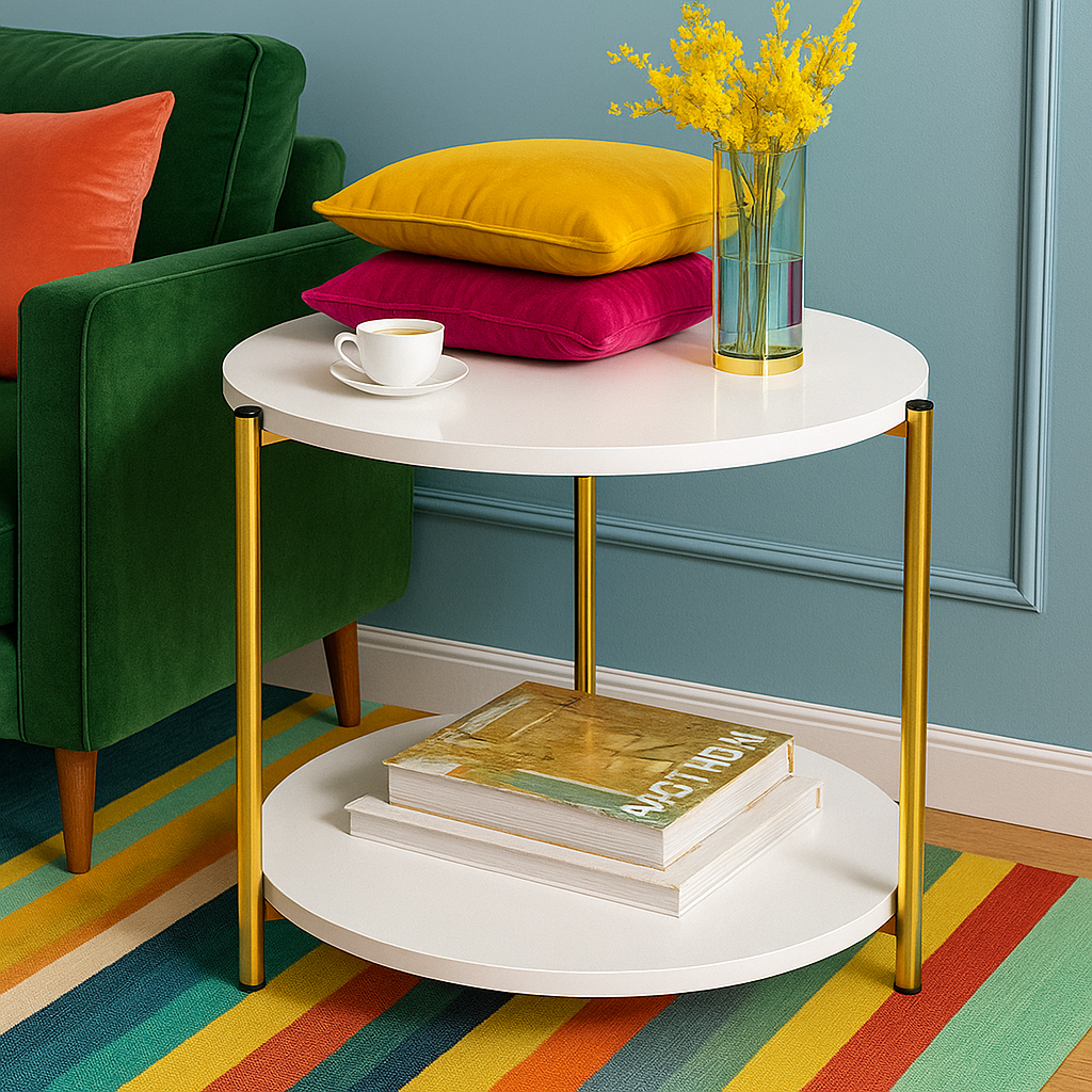 Masuta rotunda cu blat tip marmura si raft pentru depozitare, picioare aurii, design modern 40 x 40 x 43 cm – Alb