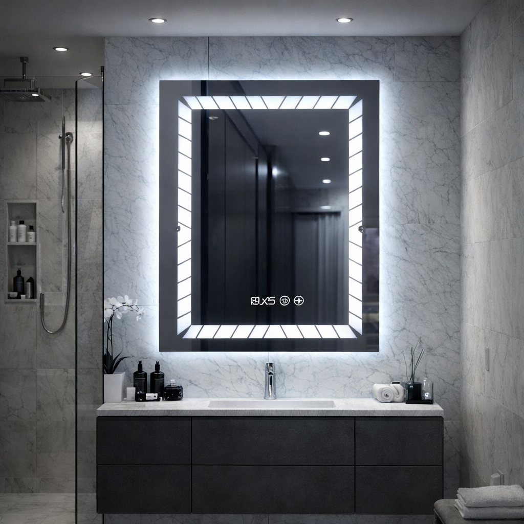 Oglinda LED  cu ceas digital si dezaburire, lumina reglabila touch, 60x80 cm