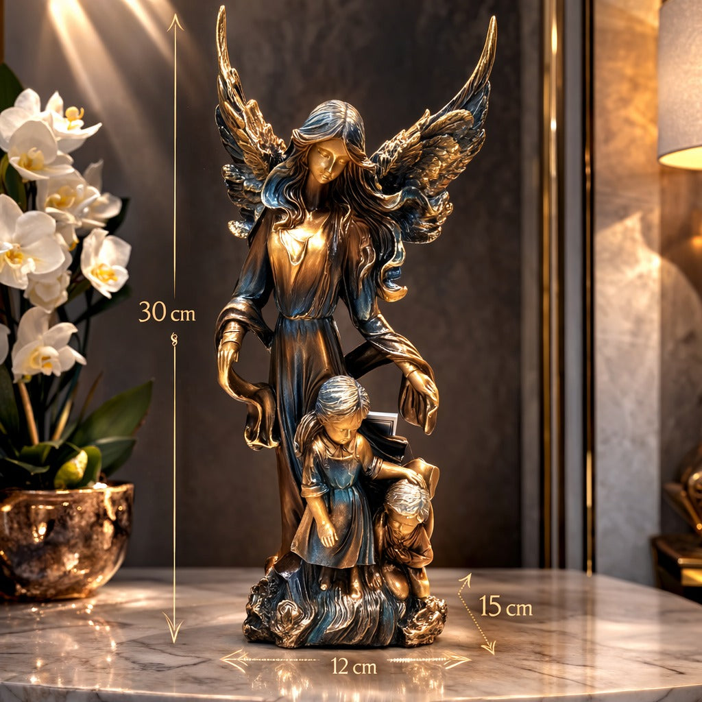 Statueta decorativa inger protector cu copii – eleganta si simbol al protectiei divine, 30 cm