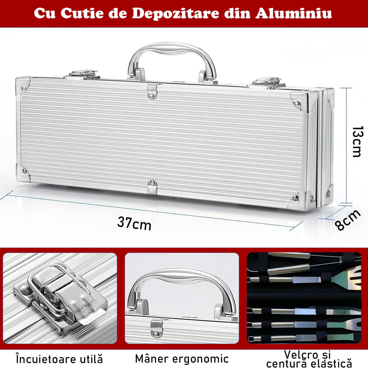 Set 5 Ustensile Gratar Otel Inoxidabil cu Cutie Depozitare Aluminiu - detaliu produs