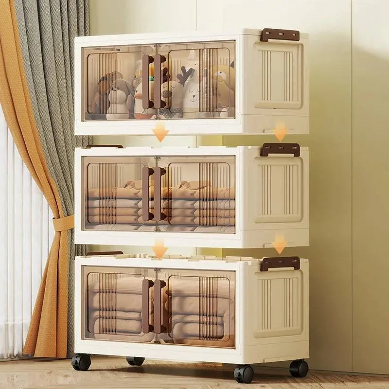 Dulap depozitare pliabil cu usi si roti, organizator multifunctional cu 3, 4 sau 5 rafturi, crem 45 cm
