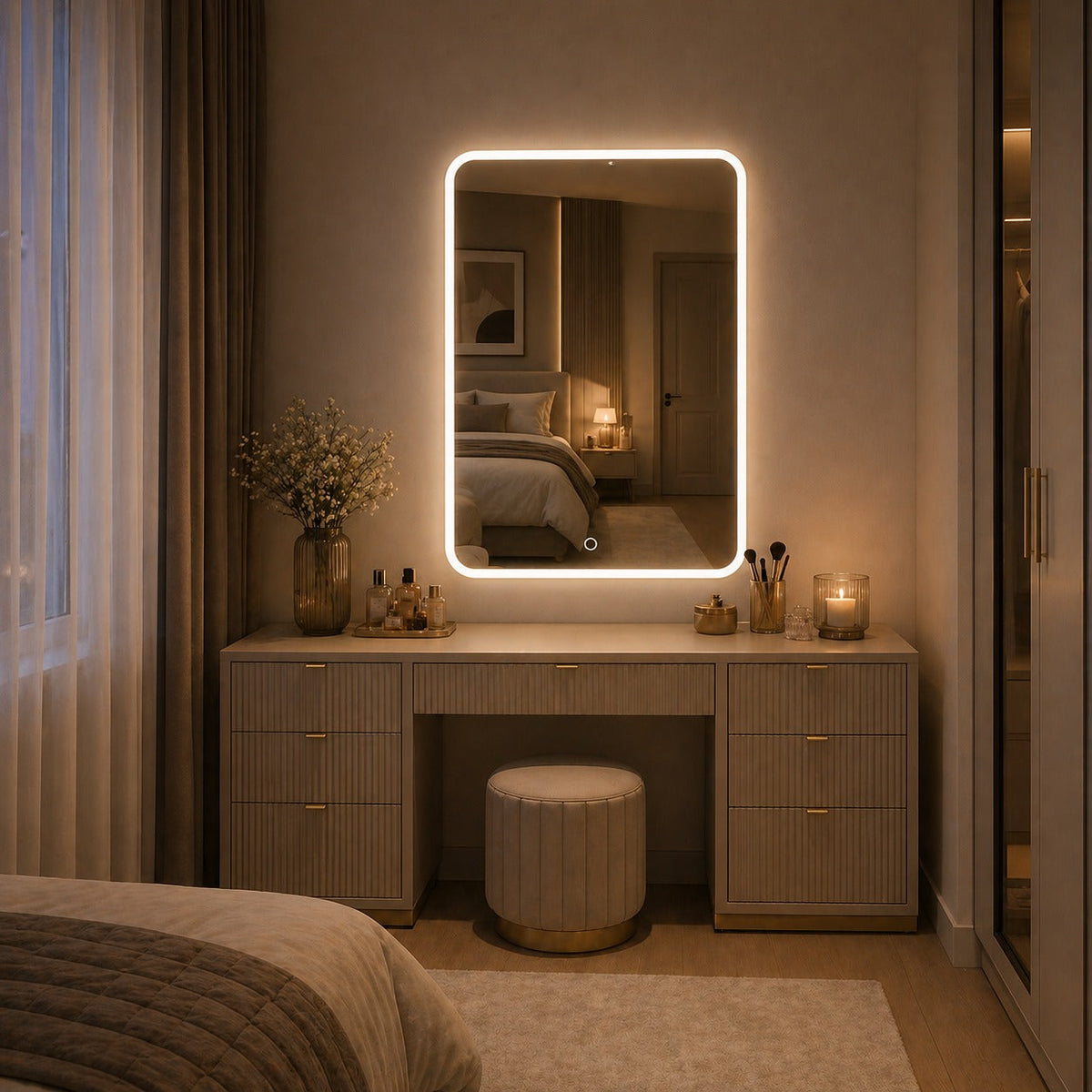 Oglinda LED Premium 80x60 cm Dreptunghiulara Iluminare Ambientala Touch 3 Culori Design Modern Minimalist