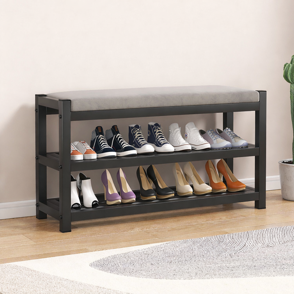 Bancuta suport pantofi metalica cu 3 rafturi si sezut tapitat – 80 cm - detaliu produs